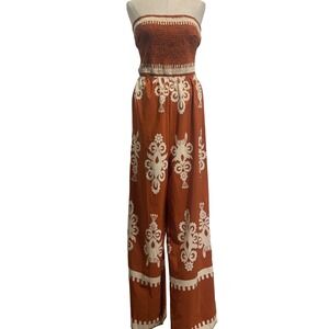 PrettyGarden Jumpsuit Womens L Rust Orange Boho Smocked Strapless Wide Leg